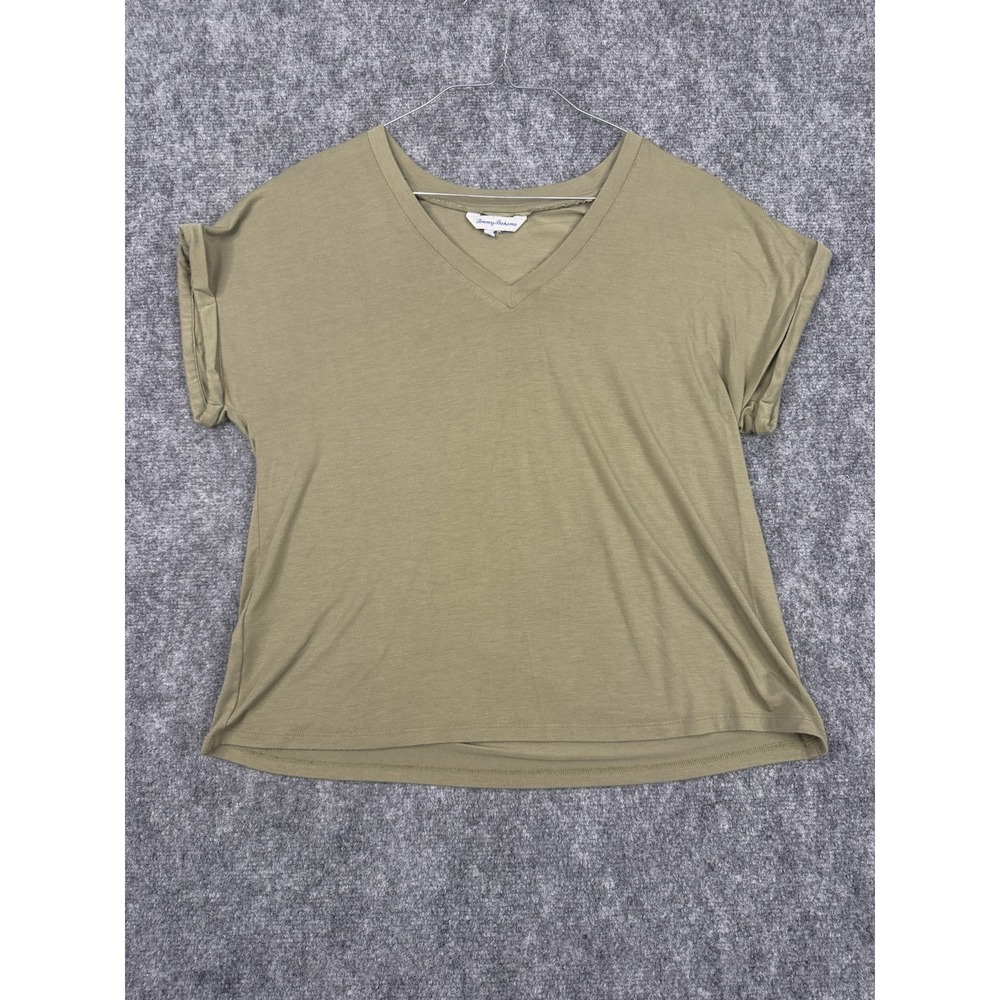 Tommy Bahama Womens Olive Green V-Neck Cuffed Short Sleeve T-Shirt TW219726